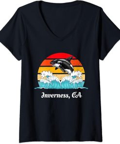 Womens Vintage Inversness CA Distressed Orca Killer Whale Art V-Neck T-Shirt