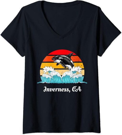 Womens Vintage Inversness CA Distressed Orca Killer Whale Art V-Neck T-Shirt