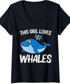 Womens Funny Whale Art For Girls Kid Orca Narwhal Blue Whales V-Neck T-Shirt