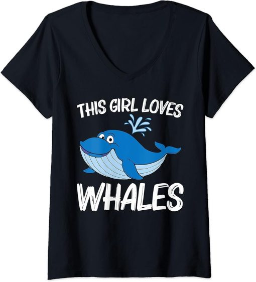 Womens Funny Whale Art For Girls Kid Orca Narwhal Blue Whales V-Neck T-Shirt