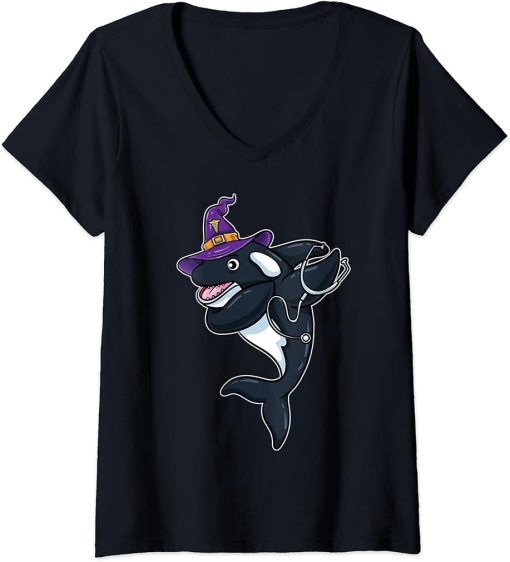 Womens Dabbing Witch Orca Nurse Halloween V-Neck T-Shirt